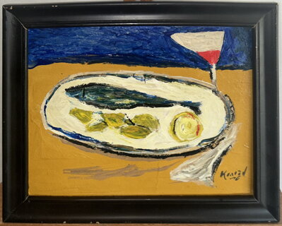 ZÁTIŠÍ S RYBOU A VÍNEM - SIGNOVÁN