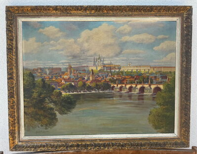 PRAHA HRADČANY S KARLOVÝM MOSTEM A VLTAVOU V POPŘEDÍ - SIGNOVÁN