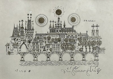 PRAGA PANORAMATICKÝ POHLED NA KARLŮV MOST A PRAŽSKÝ HRAD S DOMINANTOU MALOSTRANSKÝCH MOSTECKÝCH VĚŽÍ - ŠVENGSBÍR JIŘÍ