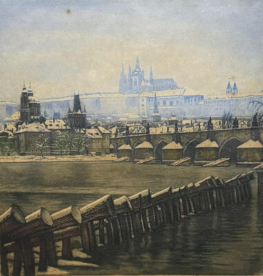 PRAHA POHLED NA PRAŽSKÝ HRAD A KARLŮV MOST Z NÁBŘEŽÍ - SOUČEK VÁCLAV MAYER JOSEF - NESIGNOVÁN