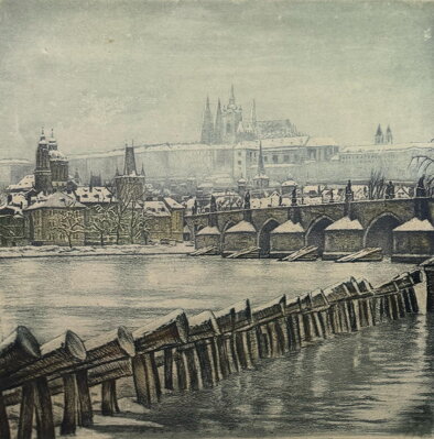 PRAHA ZIMNÍ POHLED NA PRAŽSKÝ HRAD A KARLŮV MOST Z NÁBŘEŽÍ - SOUČEK VÁCLAV