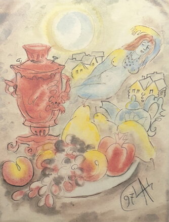 AKT ŽENY A ZÁTIŠÍ S OVOCEM, SAMOVAREM - SIGNOVÁN