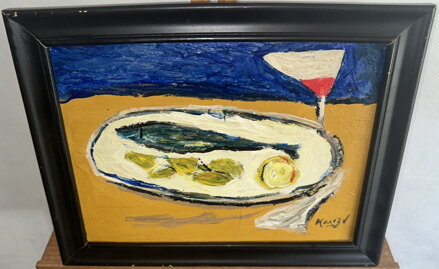 ZÁTIŠÍ S RYBOU A VÍNEM - SIGNOVÁN