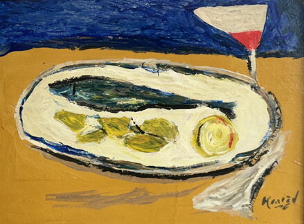 ZÁTIŠÍ S RYBOU A VÍNEM - SIGNOVÁN