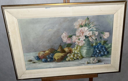 ZÁTIŠÍ S KARAFIÁTY A HROZNY - SIGNOVÁN