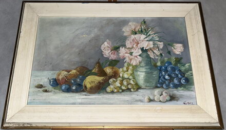 ZÁTIŠÍ S KARAFIÁTY A HROZNY - SIGNOVÁN