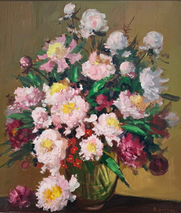 ROZKVETLÉ PIVOŇKY VE VÁZE - HAVELA MIROSLAV