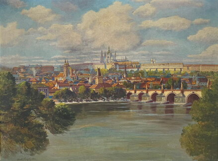 PRAHA HRADČANY S KARLOVÝM MOSTEM A VLTAVOU V POPŘEDÍ - SIGNOVÁN