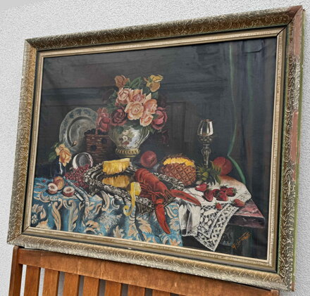 BOHATÉ ZÁTIŠÍ S RAKEM, RŮŽEMI A OVOCEM - SIGNOVÁN
