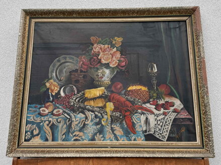 BOHATÉ ZÁTIŠÍ S RAKEM, RŮŽEMI A OVOCEM - SIGNOVÁN