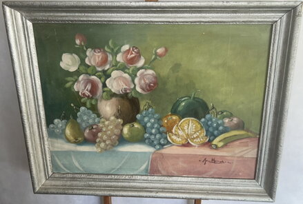 ZÁTIŠÍ S RŮŽEMI VE VÁZE A OVOCEM - SIGNOVÁN