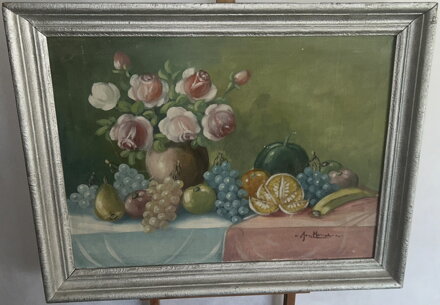 ZÁTIŠÍ S RŮŽEMI VE VÁZE A OVOCEM - SIGNOVÁN