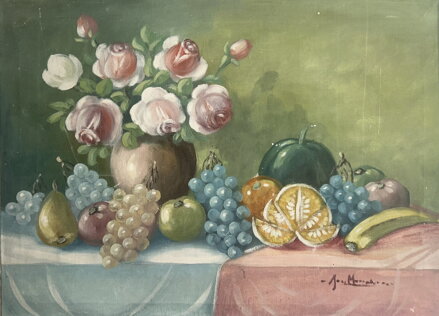 ZÁTIŠÍ S RŮŽEMI VE VÁZE A OVOCEM - SIGNOVÁN