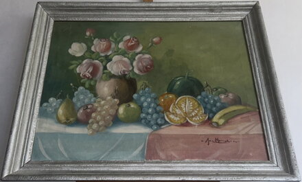 ZÁTIŠÍ S RŮŽEMI VE VÁZE A OVOCEM - SIGNOVÁN