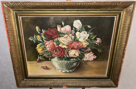 BAREVNÉ RŮŽE VE VÁZE - NEZNÁMÝ AUTOR