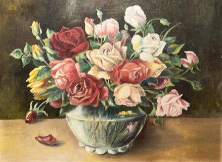 BAREVNÉ RŮŽE VE VÁZE - NEZNÁMÝ AUTOR