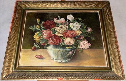 BAREVNÉ RŮŽE VE VÁZE - NEZNÁMÝ AUTOR