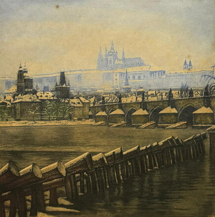 PRAHA POHLED NA PRAŽSKÝ HRAD A KARLŮV MOST Z NÁBŘEŽÍ - SOUČEK VÁCLAV MAYER JOSEF - NESIGNOVÁN