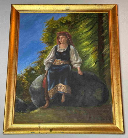 ŽENA V KROJI ODPOČÍVAJÍCÍ NA KAMENI - SIGNOVÁN