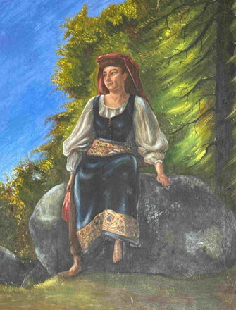 ŽENA V KROJI ODPOČÍVAJÍCÍ NA KAMENI - SIGNOVÁN