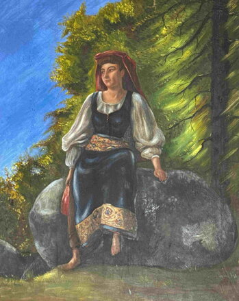 ŽENA V KROJI ODPOČÍVAJÍCÍ NA KAMENI - SIGNOVÁN