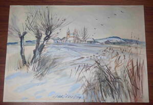 ZIMNÍ KRAJINA S KOSTELÍKEM - SLABÝ KAREŠ KAREL