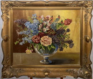 BAREVNÉ KVĚTINY VE SKLENĚNÉ VÁZE - MACEK LEO