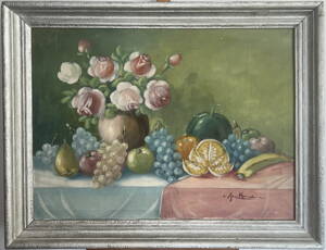 ZÁTIŠÍ S RŮŽEMI VE VÁZE A OVOCEM - SIGNOVÁN