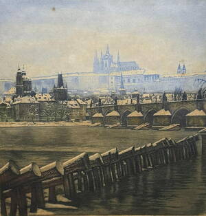 PRAHA POHLED NA PRAŽSKÝ HRAD A KARLŮV MOST Z NÁBŘEŽÍ - SOUČEK VÁCLAV MAYER JOSEF - NESIGNOVÁN